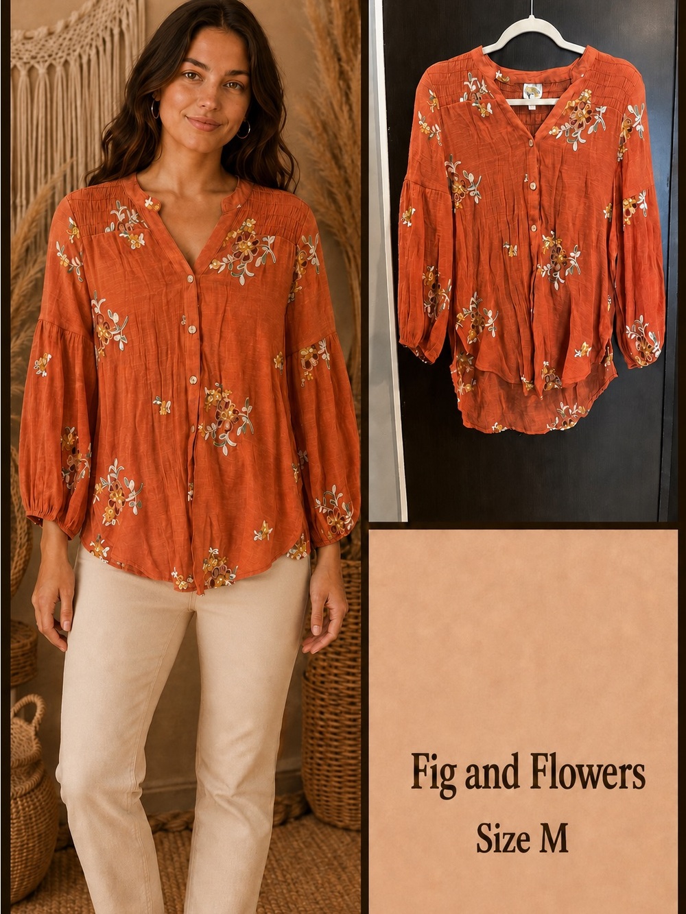 fig and flower Rust Floral Embroidered Button-Front Peasant Blouse